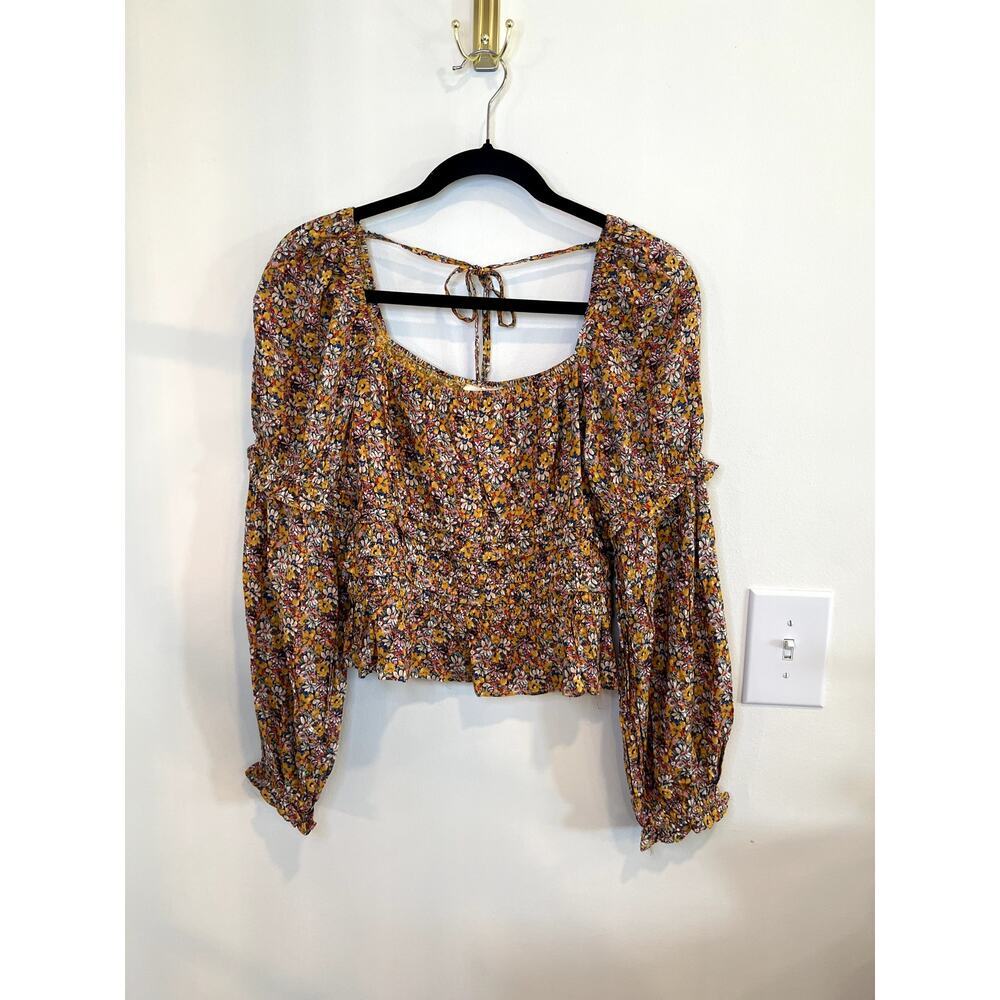 Easel Floral Boho Crop Top Smocked Puff Sleeve Peplum Medium